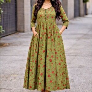 New Karaj Jaipur Indian Dress Embellished Embroidered Green Floral Sz L Cottage